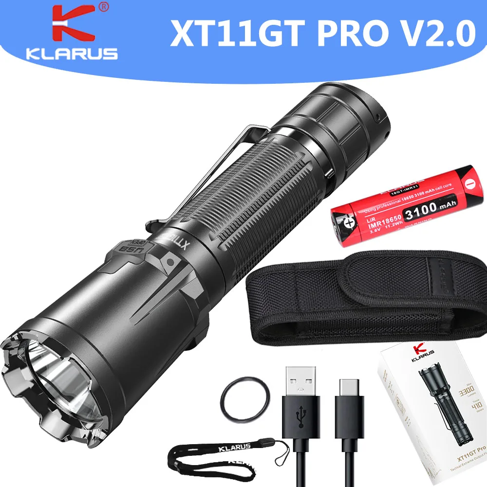 KLARUS XT11GT Upgrade XT11GT PRO V2.0  3300 Lumen Tactical Flashlight  USB Charging By 3100 mAh 18650 Li-ion batteries