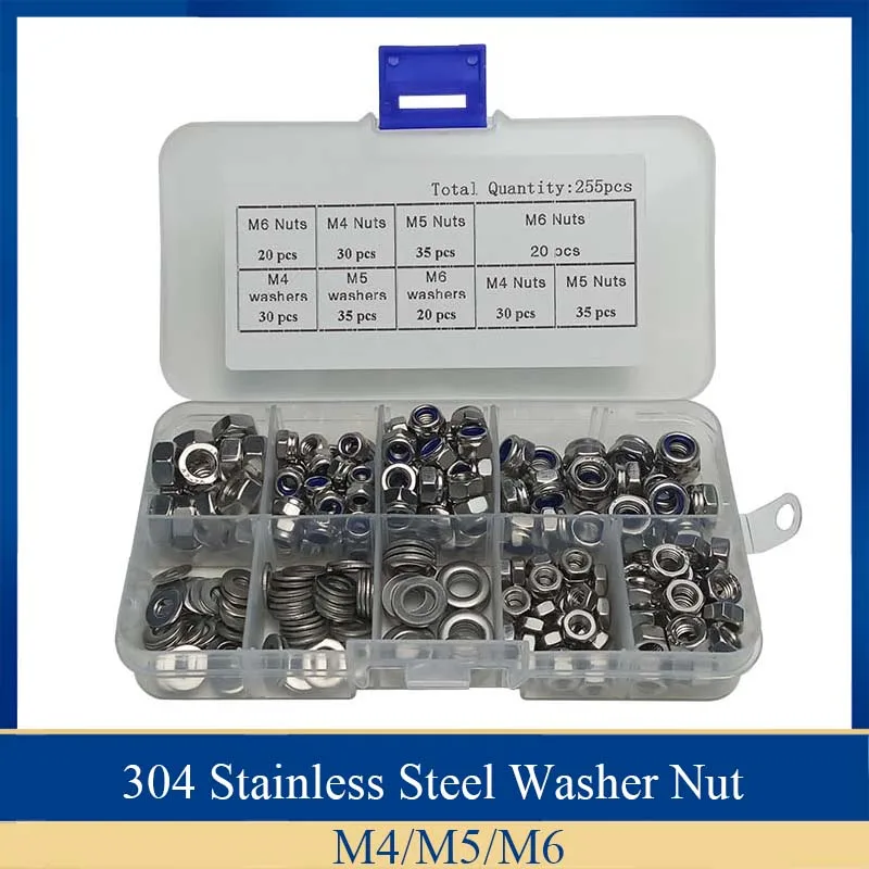 

255PCS/Set M4 M5 M6 Hexagon Stainless Steel Lock Nuts Flat Washers Screw Nut Metal Ring Gaskets Plain Washer Assortment Kit