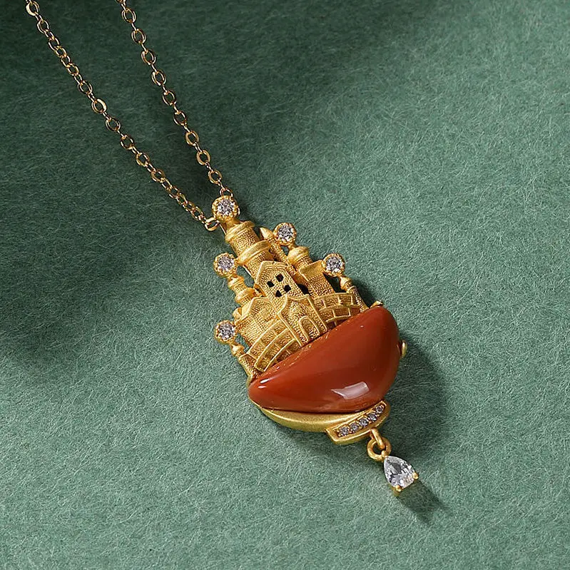 Silver Natural South Red Jasper Castle Pendant Necklace with unique ancient gold craft light luxury noble women's brand jewelry