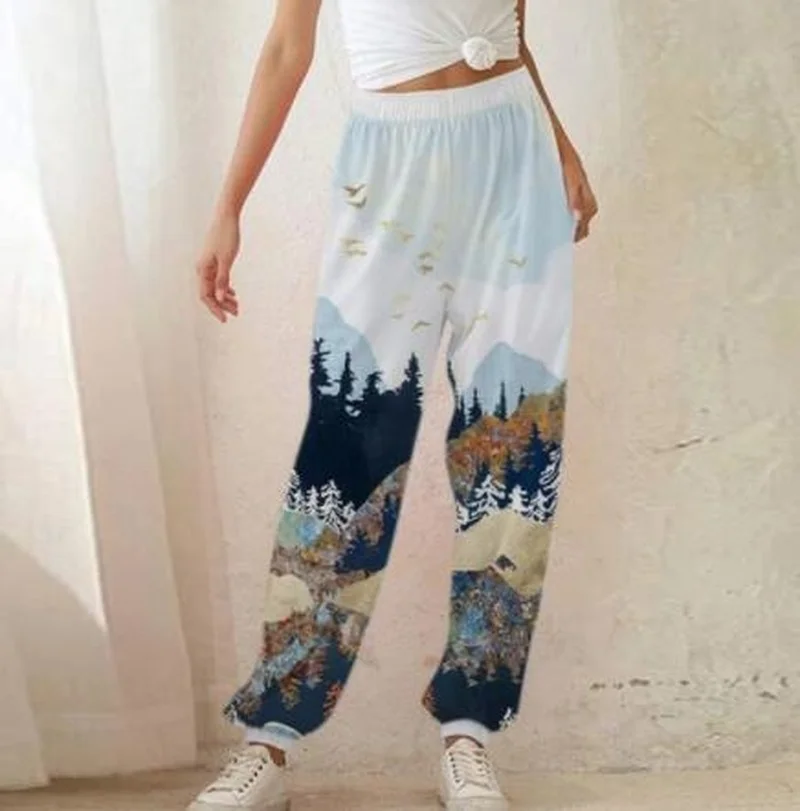 Women Mountain Print Sweatpant Cotton Casual Summer Elestic High Waist Trousers Cargo Pants 2020 Sporting Streetwear Pants