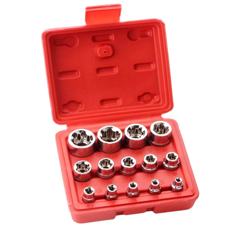 14 PCS Female E Torx Star Socket Set E4 - E24 Female External Torque Star Socket Set,1/4