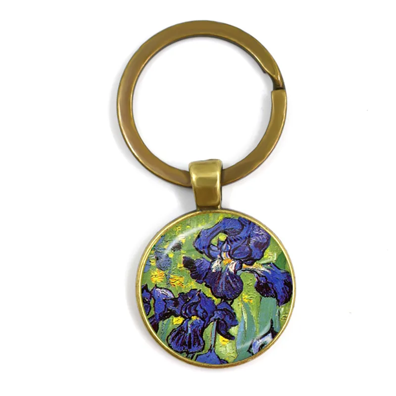 Van Gogh Almond Branch Flowering Art Keychian Sunflowers Art Vintage Bronze Glass Cabochon Key Rings Holder For Women Men Gift