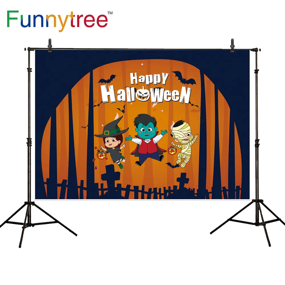 Funnytree Halloween Pumpkin Lantern Photography Backdrop Witch Bat Tombstone Fence Children Party Background Photo Photophone