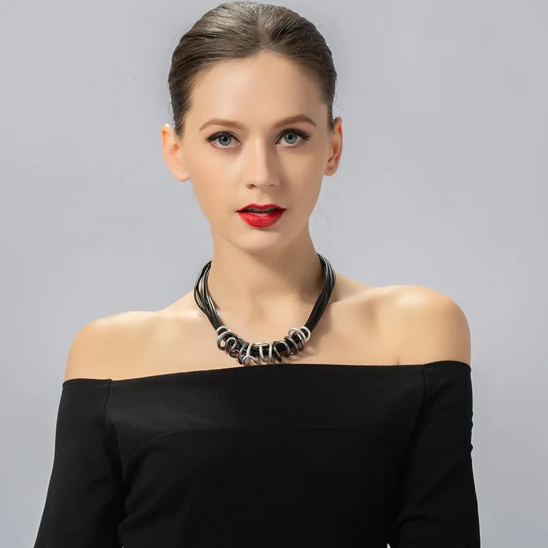 ELOYHI Women Leather Rope Necklace Geometric Top Quality Double Collar Choker For Women Punk Trendy Neckalce&Pendants Gift