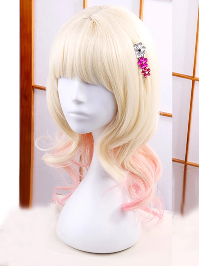 Os amantes de diabolik cosplay peruca komori yui luz loira com rosa cos perucas resistentes ao calor do cabelo sintético cos perucas + headwear hairpin