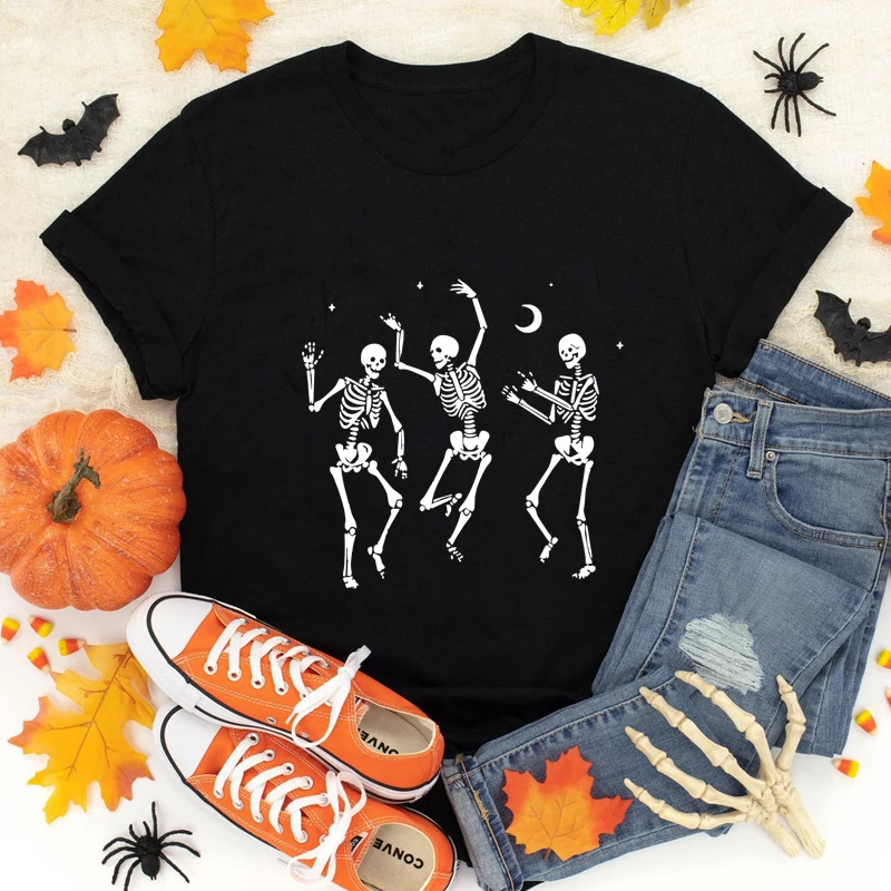 

Halloween Dancing Skeleton T-shirt Aesthetic Women Holiday Goth Tee Shirt Top Spooky Season Fall Tshirt