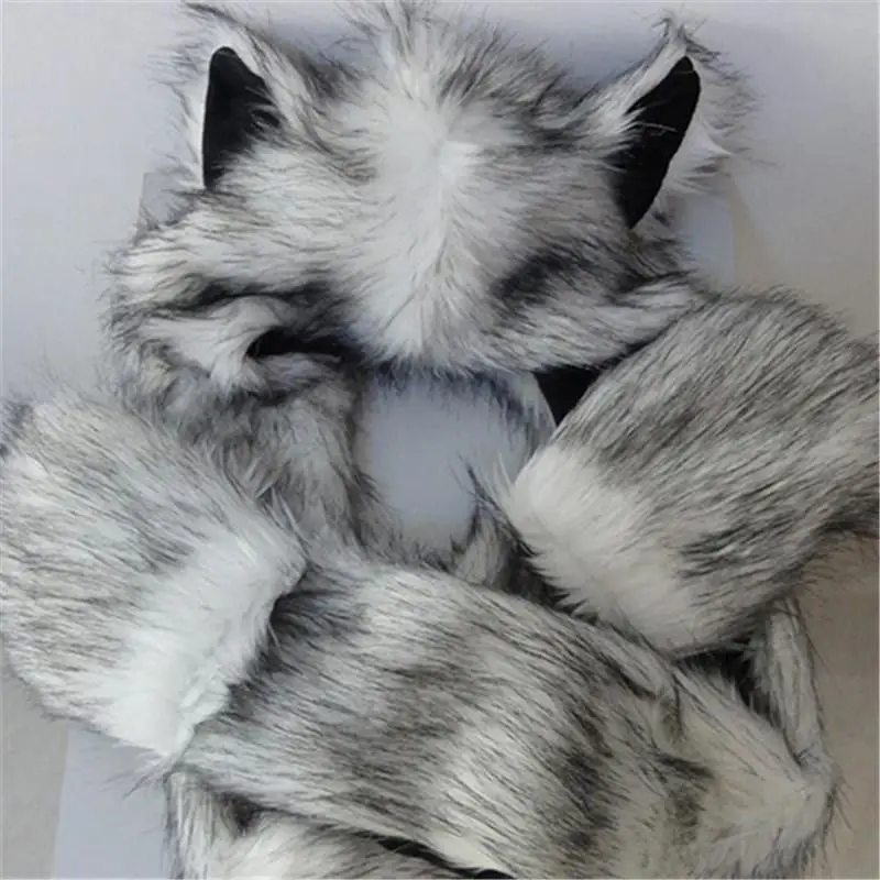 Women Fashion Wolf Ears Paws Faux Fur 3 in 1 women\'s Hat Scarf Mittens Winter Warm Cap Wolf Hat
