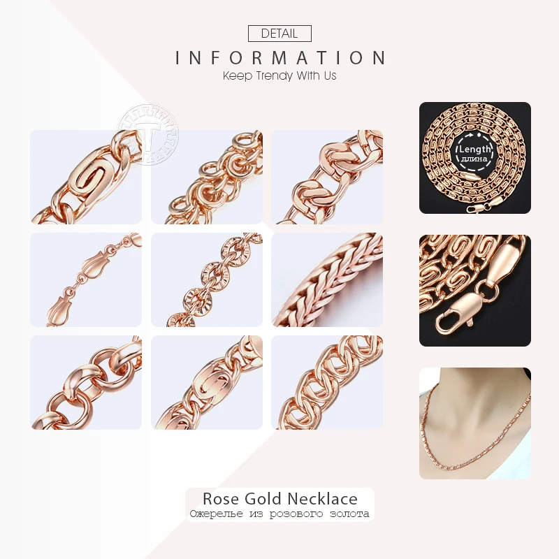 Davieslee Womens Necklace 585 Rose Gold Color Chains Cut Rolo Snail Wheat Link Wholesale Necklace Jewelry 45-55cm LGNN1