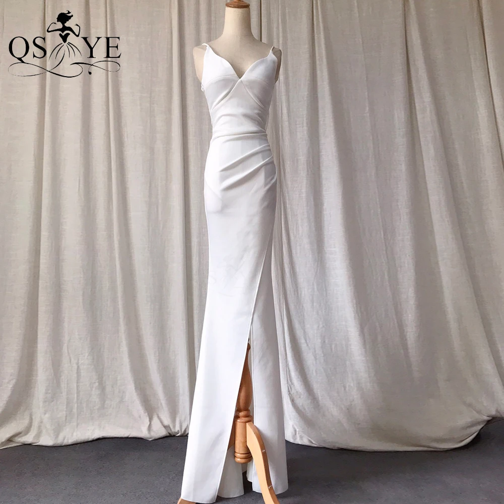 Simple White Wedding Dresses for Women 2022 Bride Front Sexy Split Sheath Bridal Gown Spaghetti Beading Straps Open Back Party