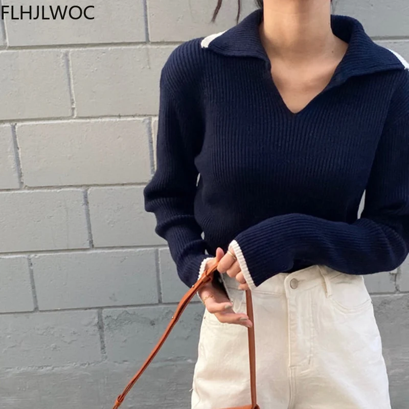 Chic Korean Femme Tops Women Fashion Winter Spring Basic Wear Jumpers Solid Knitted Pullovers Short Sweaters