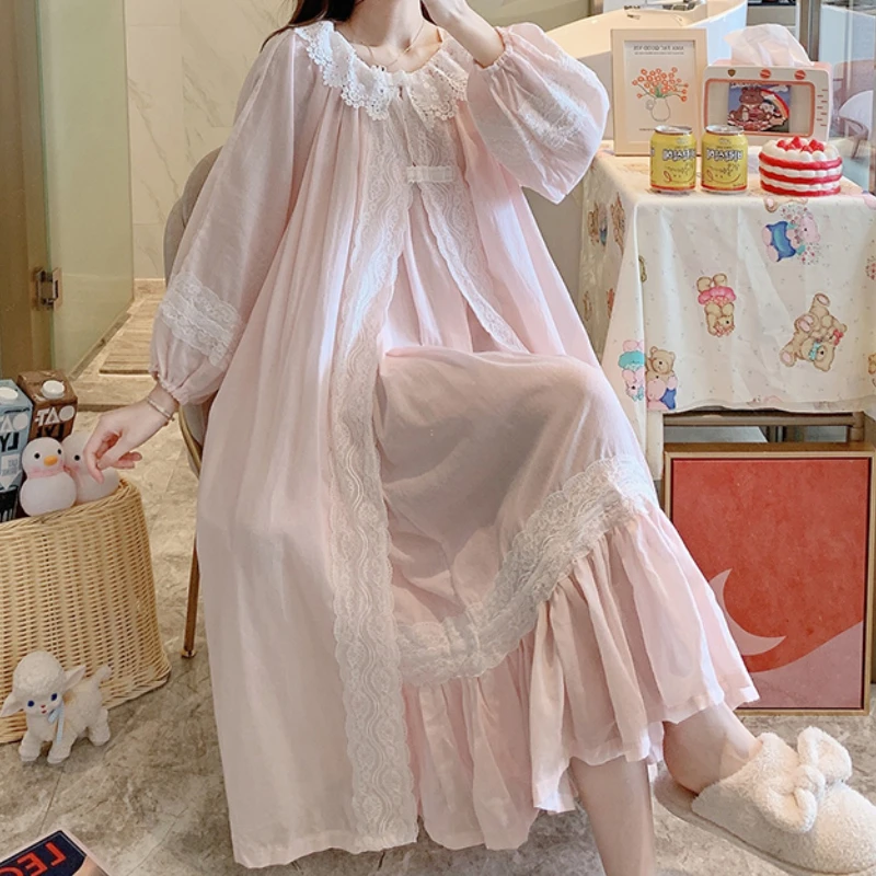 Fairy Night Dress Women Autumn Pure Cotton Long Robe Slip Dress Peignoir Sets Princess Sleepwear Victorian Vintage Nightgowns