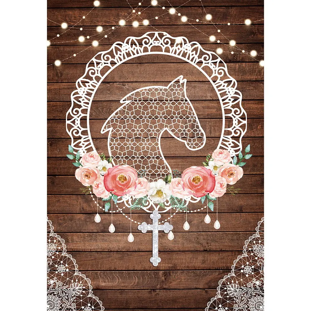 Allenjoy First Holy Communion Background Girl Decoration Party Wooden Flower Glitter Cross Custom Backdrop Photozone Photocall