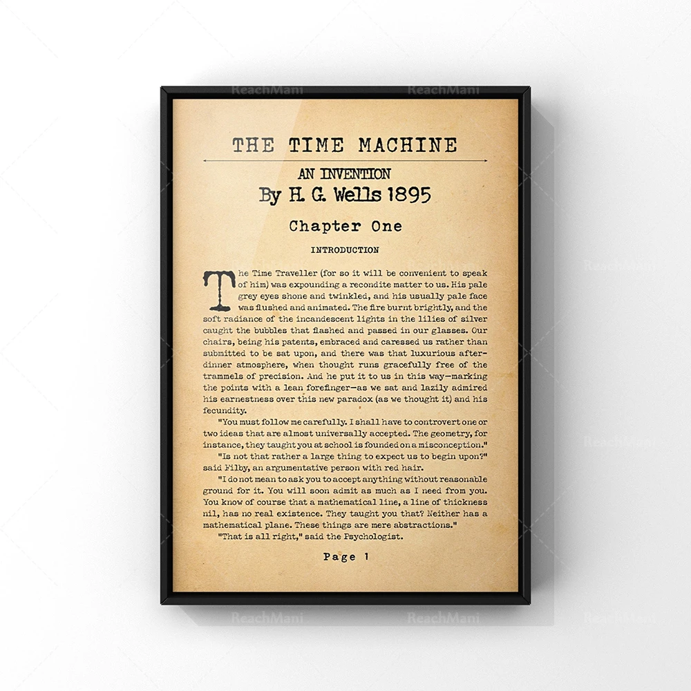 HG Wells novel page print, classic time travel poster wall art office home decor