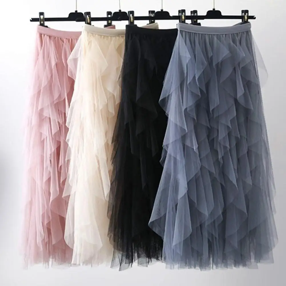 

2021 Spring Summer Women Elegant Cake Skirt High Waist Women Irregular Multi-layer Tulle Skirt Ladies Princess Fairy Midi Skirt