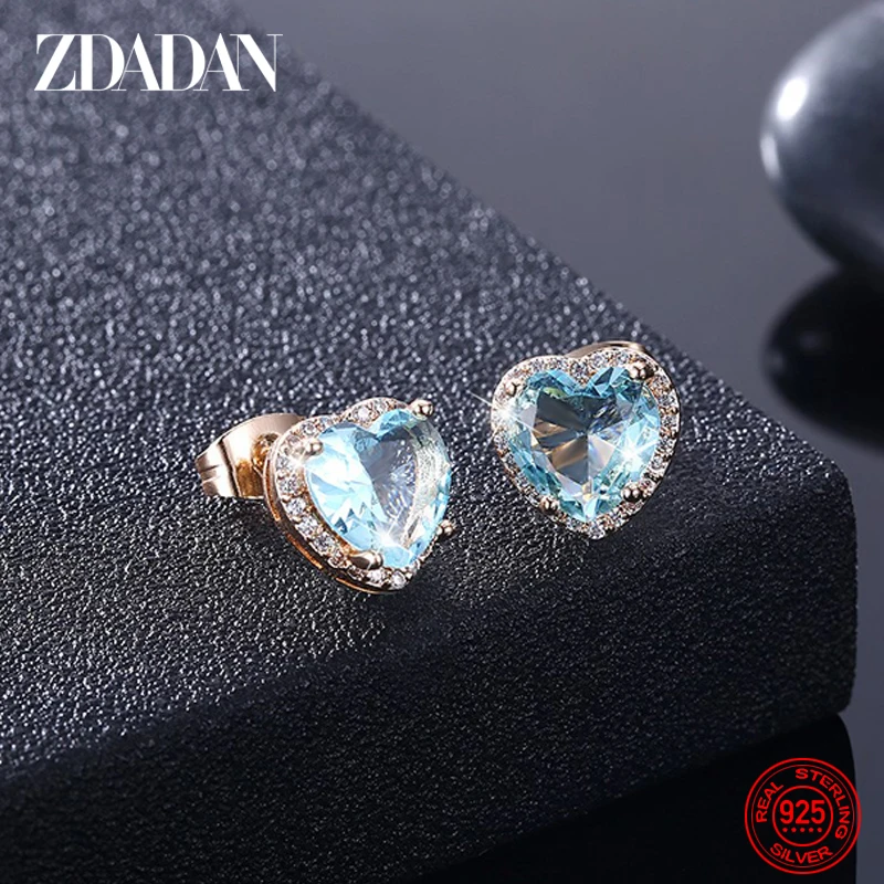 

ZDADAN 925 Sterling Silver Blue Crystal Heart Earring For Women Fashion Wedding Jewelry