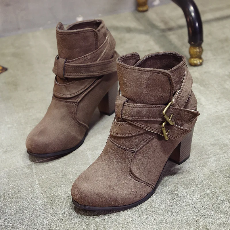 Autumn Chunky Heel Women Boots Retro Ankle Boots belt buckle Female Shoes vintage Round Toe Casual High Heels  boots