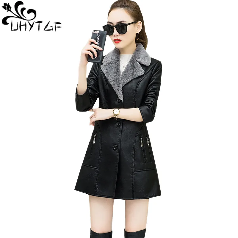 UHYTGF Qualität Pu Leder Herbst Winter Leder Jacke Frauen Einreiher Dünne Weibliche Mantel Fleece Schwarz Leder Jacke 4XL790