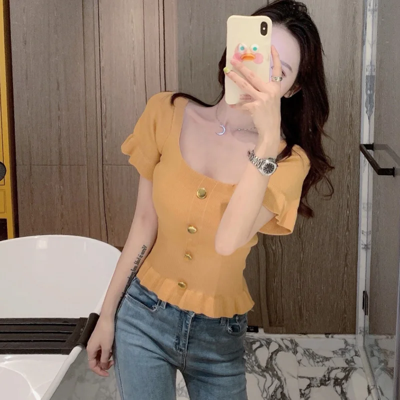 JMPRS Fashion Button Women Knit T Shirt Korean Elegant Slim Square Collar Ruffles Short Sleeve Short Tees Casual Solid Tops