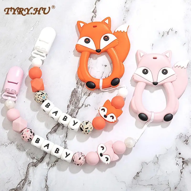 TYRY.HU Personalized Name Handmade Pacifier Clips Holder Chain Silicone Pacifier Chains Cartoon Fox Baby Teether Teething Chain