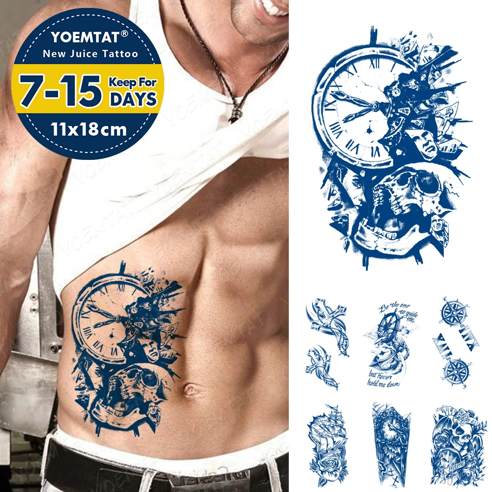 Juice Lasting Ink Tattoos Body Art Waterproof Temporary Tattoo Sticker Cross Compass Tatoo Arm Fake Skull Clock Tatto Women Men