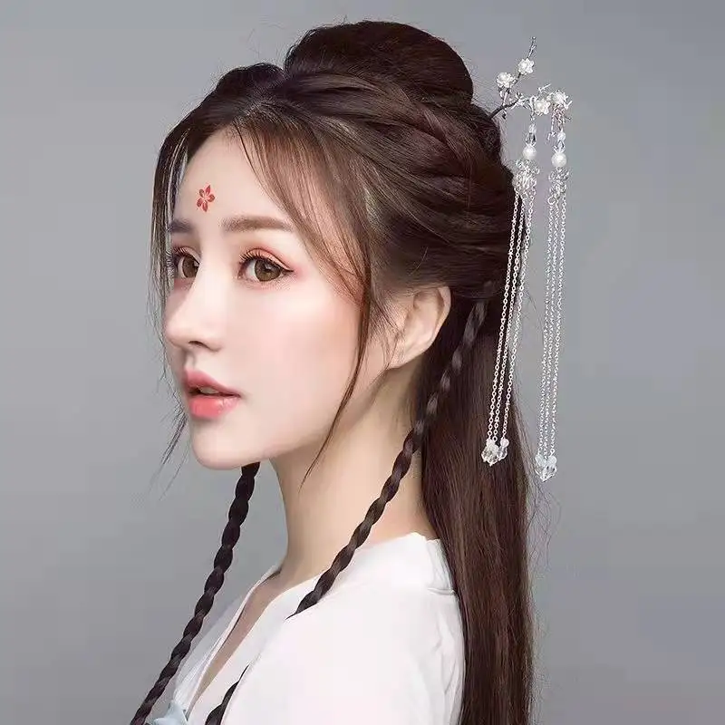 Silver Color Hanfu Headdress Ethnic Style Hairpin Flower Tassel Fringe Jewelry Comb Hair Accessories for Women Girl