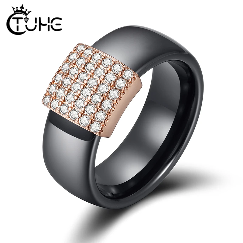 

Luxury 8mm White Black Ceramic Rings Plus Cubic Zirconia For Women Rose Gold Silver Color Smooth Wedding Band Ring Gift For Men