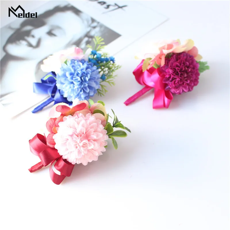 Meldel Trắng Tím Cưới Vòng Tay Cho Phù Dâu Cưới Xòe Chân Hoa Hoa Hồng Lụa Chú Rể Boutonniere Corsages Cưới