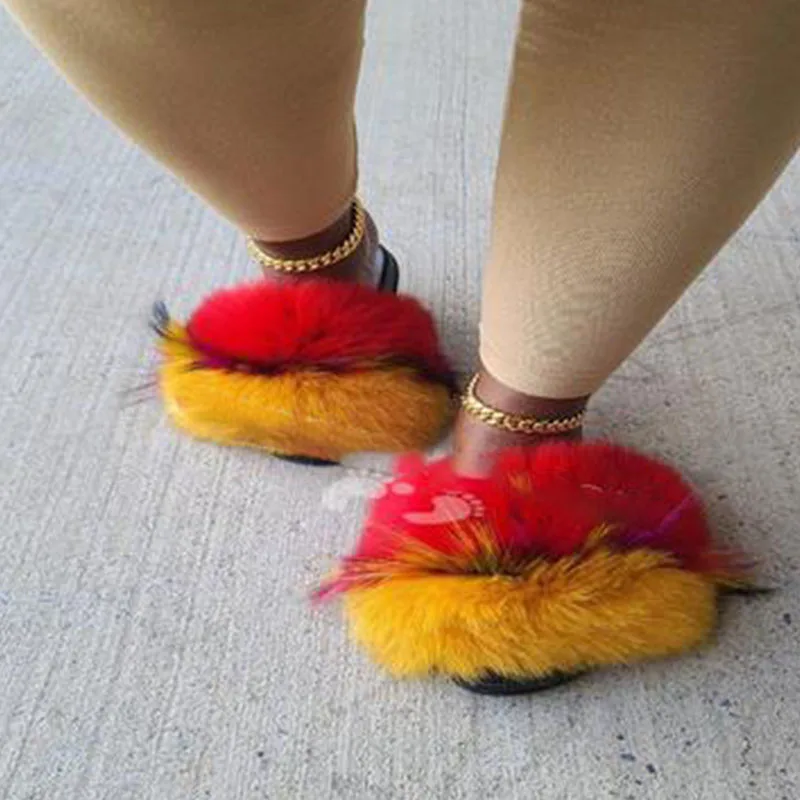 Woman Fall Spring Furry Slides Fluffy Sandals Raccoon Shoes Fuzzy Slippers Fur Flip Flops Fox Fur Slide Rainbow Designer Sandal