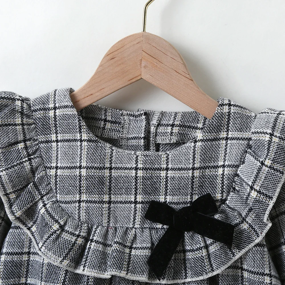 Autumn Winter 2022 New Arrivals Girls Cute Dresses Long Sleeve Gray Plaid Black Bow Cute Sweet Baby Dress Vestidos 18M-6T