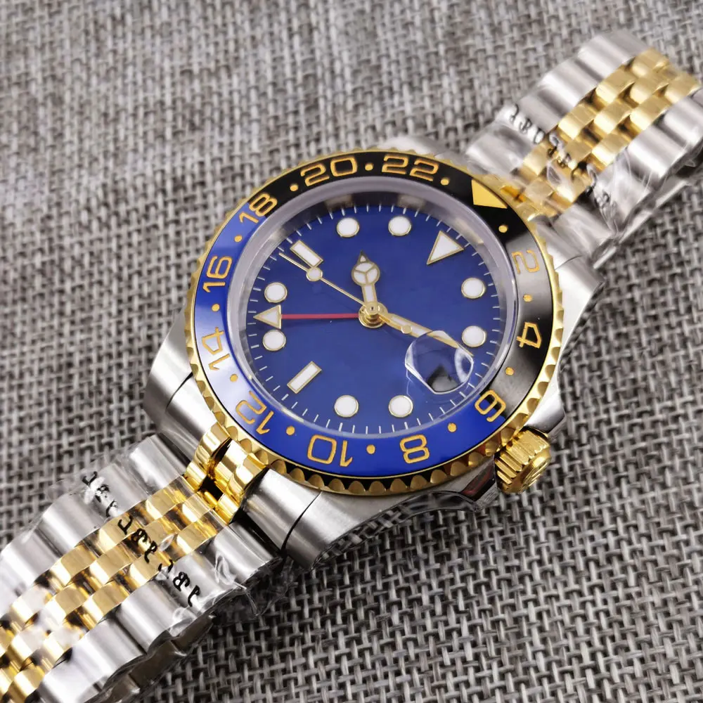 

Gold Automatic Men Watch Sapphire Glass GMT Hand Date Window Jubilee Mental Strap 40mm Blue Dial Ceramic Bezel