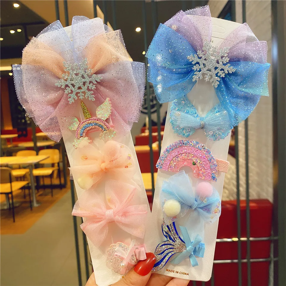 3/5Pcs/Set New Snowflake Chiffon Bow Hairpins Girls Cute Yarn Hair Clip Children Sweet Barrettes Kids Fashion Hair Accessories