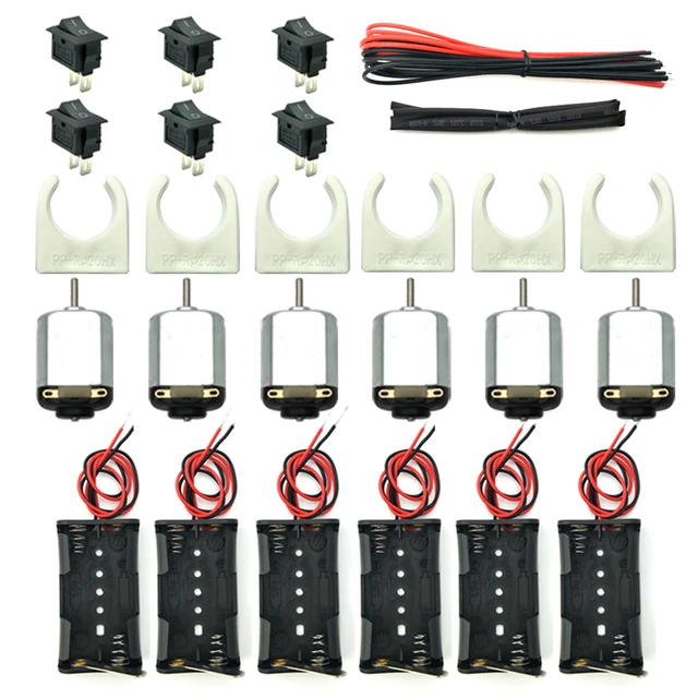 6 zestawów małych silników prądu stałego Mini elektryczne silniki hobbystyczne 1,5 V-3 V 24000 obr./min z uchwytem na baterie AA 2x1,5 V, wspornikiem silnika, przełącznikiem kołyskowym
