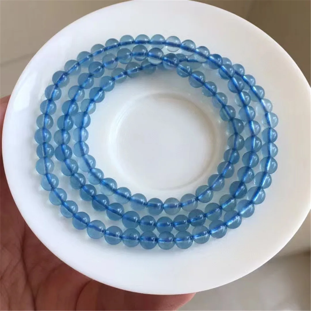 

5mm Natural Ocean Blue Aquamarine Bracelet For Women Men Luck Gift Crystal Three Laps Beads Stone Gemstone Jewelry Strands AAAAA