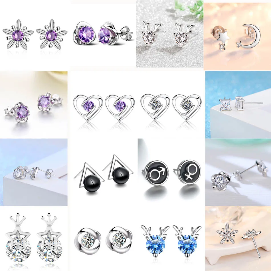 Fashion Female Earring Star Crown Heart Idyllic Flower Moon Deer Stud Earring For Women Wedding Gift Lady Girl Silver Jewelry