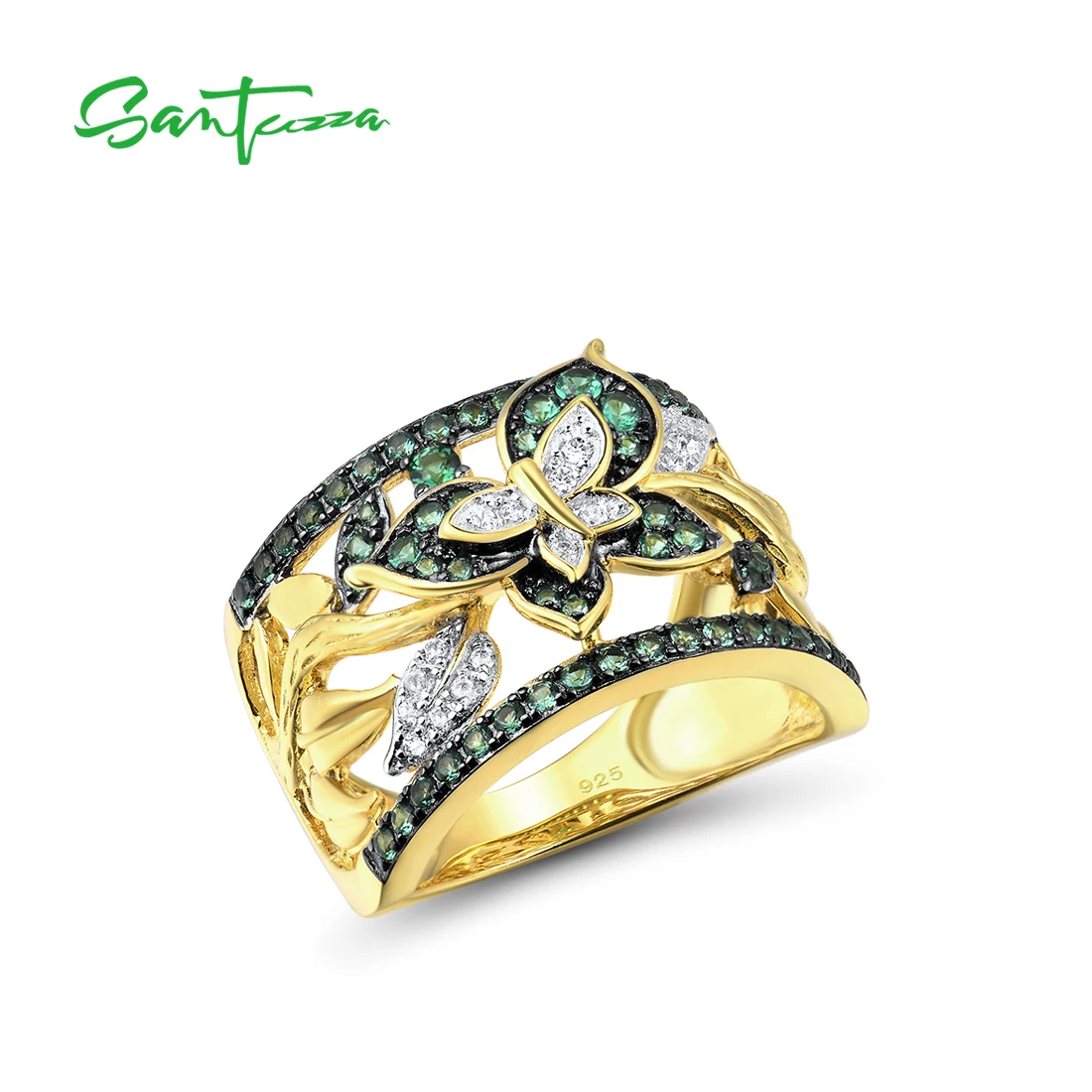 

Женское кольцо SANTUZZA, из 100% серебра 925 пробы, со сверкающей зеленой шпинелью и бабочкой, классический подарок вечерние ювелирные украшения