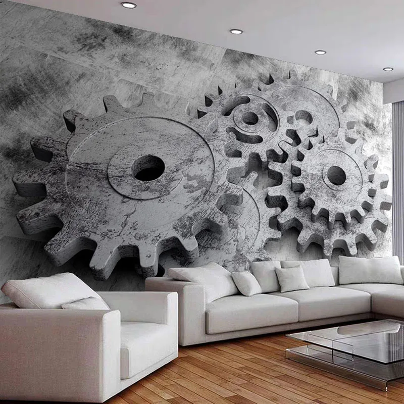 Custom Mural Wallpaper 3D Cement Grey Mechanical Gear Fresco Living Room Restaurant Background Wall Paper 3D Waterproof Sticker