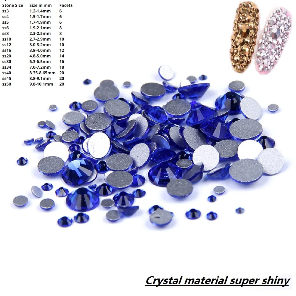 

Sapphire Non Hotfix Crystal Rhinestones For 3D Nails Art Decoration SS3-SS34 Glue On Strass Chatons Appliques Nail Crystals