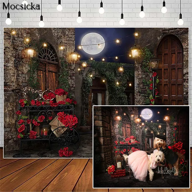 

Mocsicka Romantic Town Night Valentine Photography Backdrops Red Rose Stone House Cake Smash Photocall Background Photo Studio