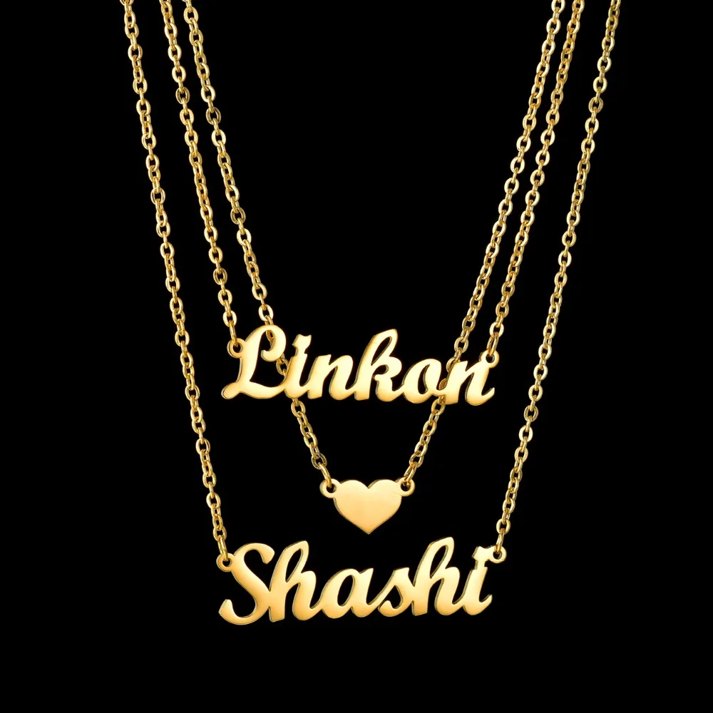 

Customized Fashion Stainless Steel Name Necklace Personalized Letter Gold Color 3 Layer Heart Necklace Pendant Name Gift