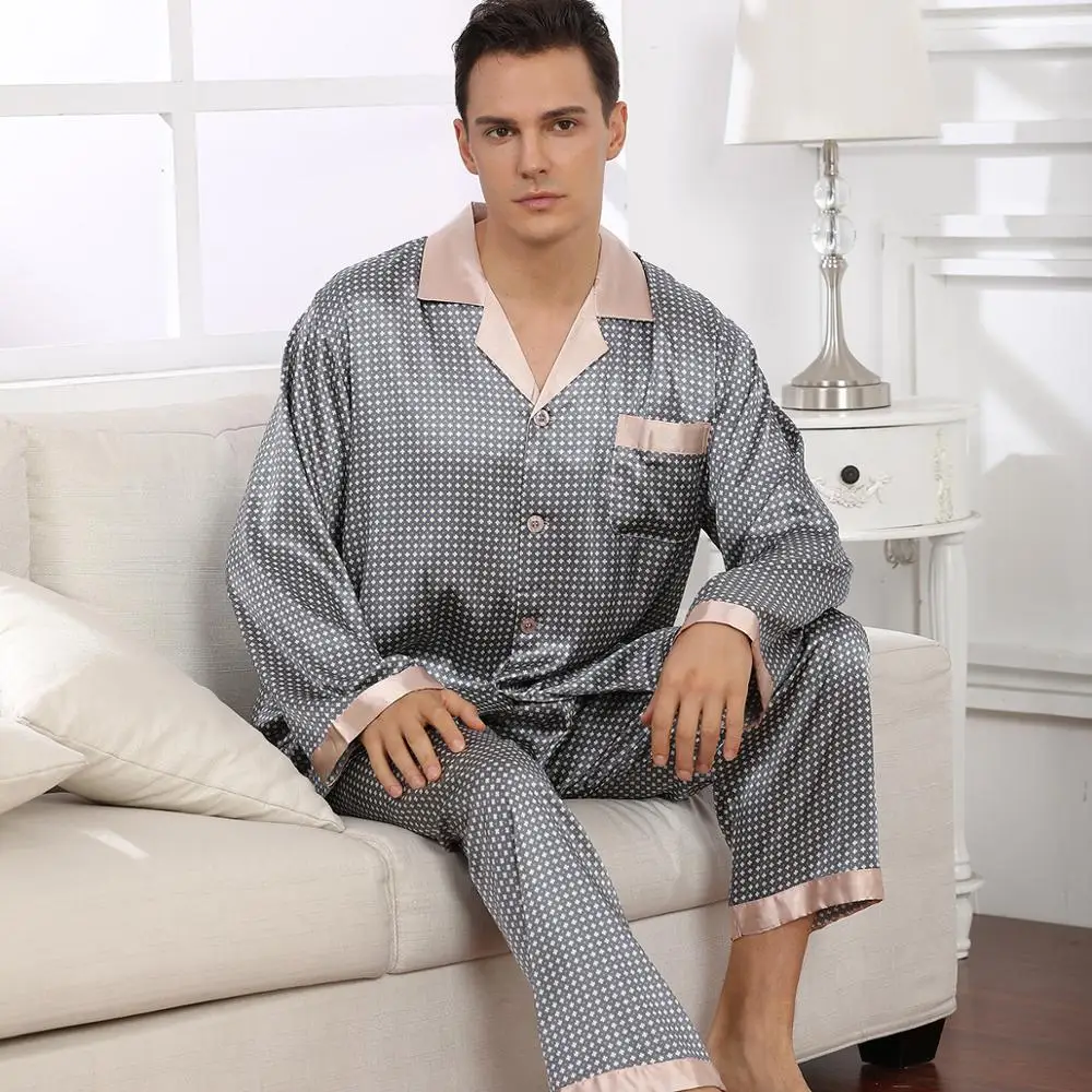 

FZSLCYIYI Spring Long Sleeve Pants Silk Pajama Sets Sleep Printed Satin Sleepwear Rayon Men Pyjamas Nightwear Homewear