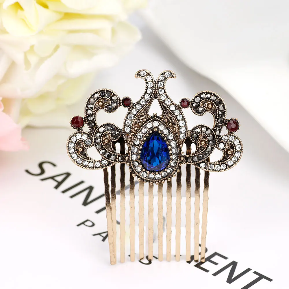 Sunspicems Turkish Women Flower Hair Comb Retro Gold Color Full Rhinestone Arab Ethnic Indian Hair Worn In a Bun Coil Jewelry