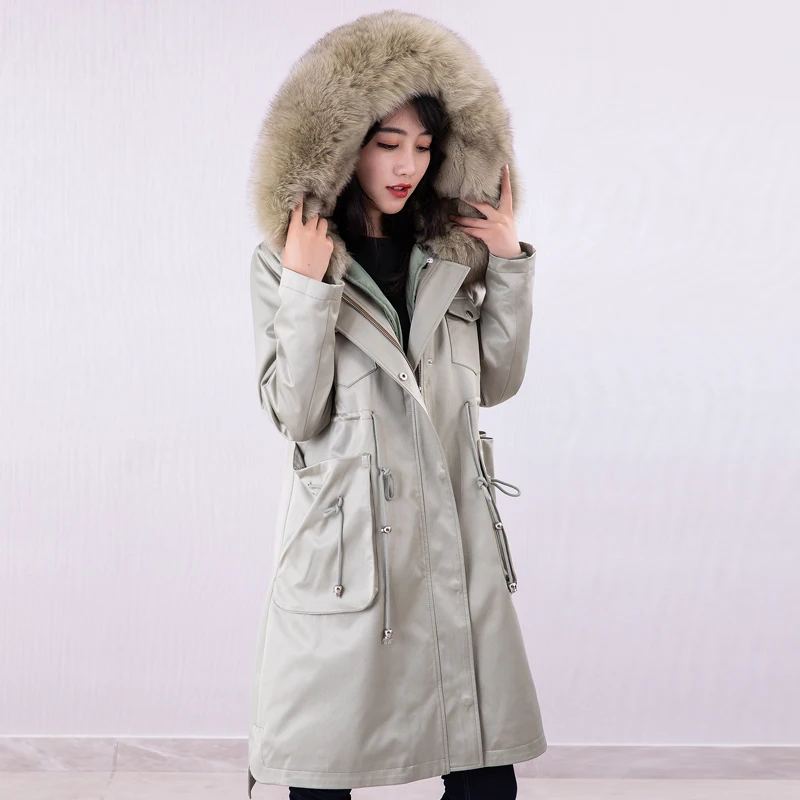 

Real Fur Parka Winter Jacket Women Natural Fox Rabbit Fur Liner Long Coat Female Fox Fur Collar Warm Parkas Hiver PK-19TH