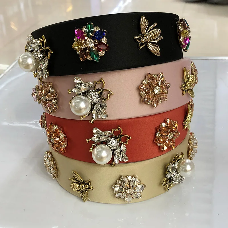 Baroque Big Rhinestone Headband Hairband for Women Girls Metal Bee Beads Flower Head Hair Accessories