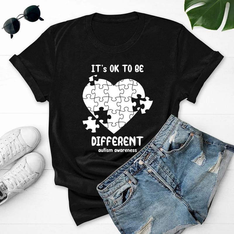 

It's Ok To Be Different T-shirt Aesthetic Women Autism Awareness Tshirt Funny Puzzle Piece Graphic Tee Shirt Top