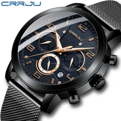 CRRJU Watches Men Business Casual Quartz Wrist Watch Men‘s black Big Face Waterproof Calendar Mesh Band Watches reloj hombre