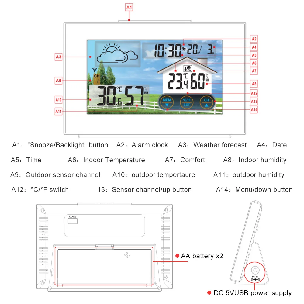 FanJu Weather Station Touch Screen Wireless Indoor Outdoor Temperature Humidity Meter Digital Alarm clock 1-3 Sensor -40℃ Tools