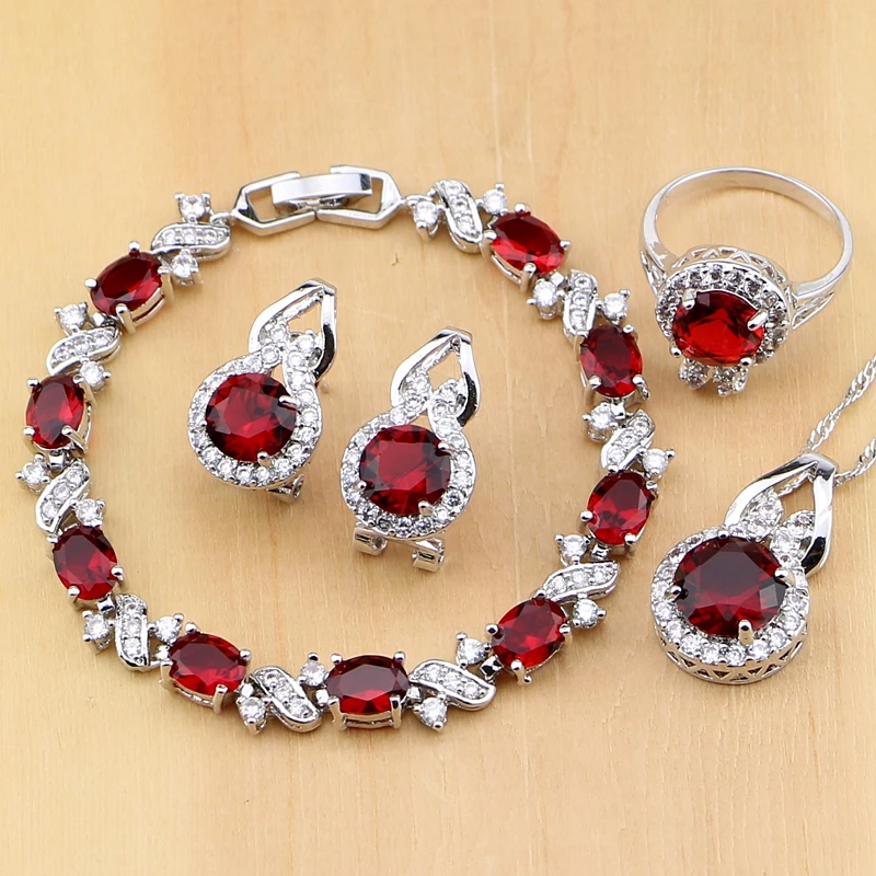 Natural 925 Silver Jewelry Red Zircon White CZ Charm Earrings Pendant Necklace Ring Bracelets Jewelry Sets for Women