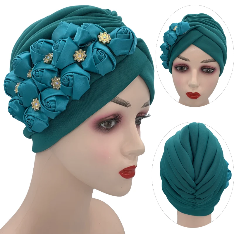 

Newest Elegant Turban Hats Rose Flowers Women's Cap Muslim Headscarf Bonnet Female Head Wraps India African Hat Headtie