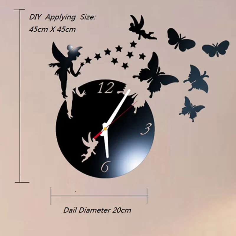 Acrylic Mirror Stickers Wall Clock Modern Design Fairy Butterfly 3D DIY Duvar Saati Clocks for Girl Gift Living Room Home Decor