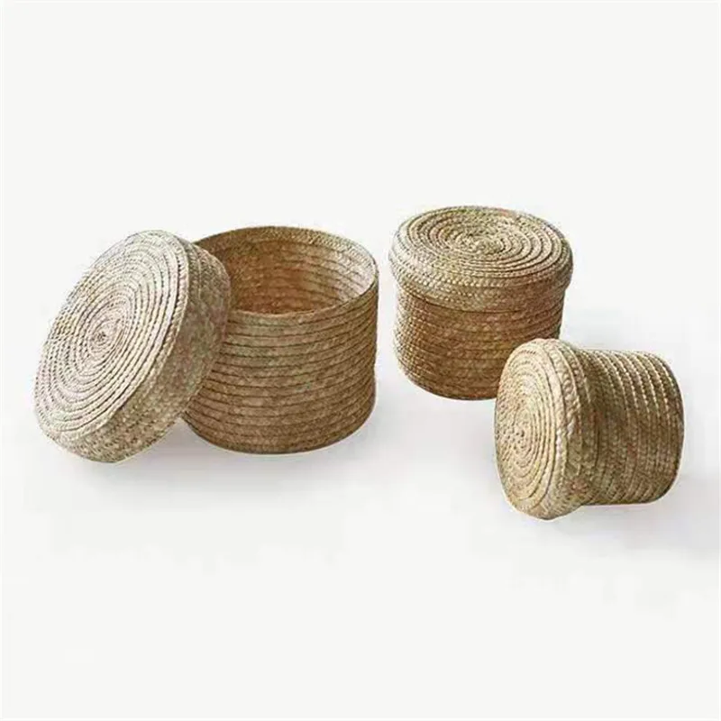 3pc Handmade Straw Woven Storage Basket With Lid Snack Organizer Storage Box Laundry Baskets Rattan Storage Flower Basket